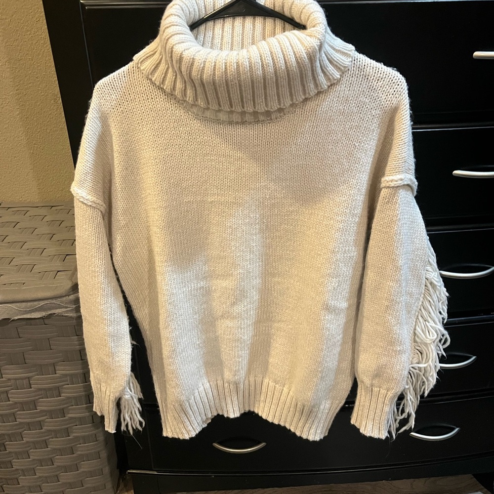 Cream Fringe Turtleneck Sweater